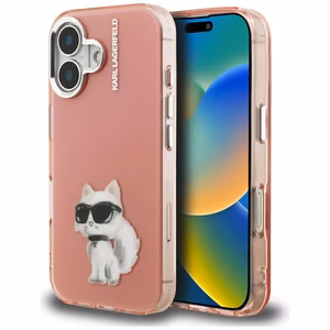 Karl Lagerfeld IML Aquarelle Choupette & Logo Suojakuori iPhone 16:lle - Vaaleanpunainen