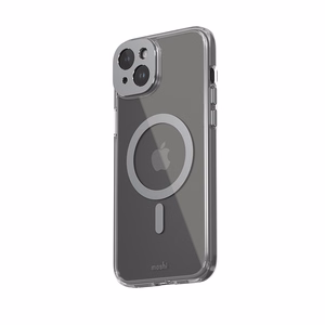 Moshi iGlaze MagSafe suojakuori iPhone 15 Plus -laitteelle, läpinäkyvä Meteorite Gray -yksityiskohdilla