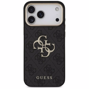 Guess PU Leather 4G Metal Logo Gold Frame -kuori Apple iPhone 18 Pro Max -puhelimelle, musta