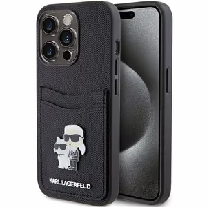 Karl Lagerfeld Saffiano Cardslot Karl&Choupette Metal Pin suojakuori iPhone 15 Pro:lle - musta