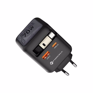 Puhelinlaturi Forcell F-Energy GaN USB C + USB A + sisäänvedettävä USB C PD QC4.0 3A 70W VT-R7 kaapeli harmaa