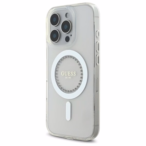 Guess IML Rhinestones MagSafe Suojakuori iPhone 16 Pro Maxille - valkoinen