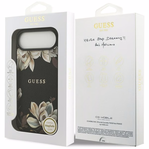 Guess Grained Flowers Classic Logo MagSafe Suojakuori iPhone Air:lle musta