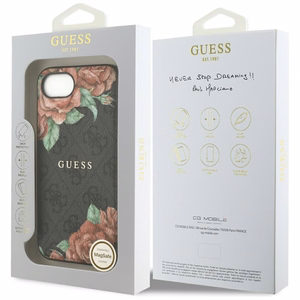 GUESS 4G Flowers Print MagSafe Alkuperäinen Suojakuori iPhone 17e/16e:lle - Musta