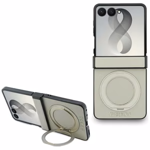Beige Guess Magnetic Ring Stand Grained Classic Logo MagSafe -suojakuori Samsung Galaxy Z Flip8 -mallille