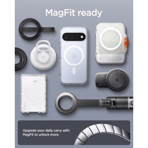 Spigen Ultra Hybrid Mag MagSafe -suojakuori Google Pixel 11 -mallille, läpinäkyvä / valkoinen