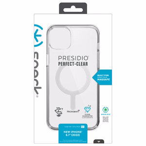Speck Presidio Perfect-Clear + MagSafe suojakuori iPhone 15 Plus / 14 Plus -laitteelle, läpinäkyvä