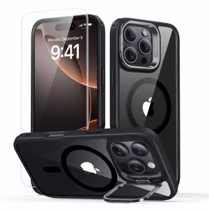 ESR Classic Hybrid Kickstand Halolock MagSafe Suojakuori jalustalla + Karkaistu lasi iPhone 16 Pro Max:lle - Läpinäkyvä mustalla kehyksellä