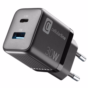 Cellularline Multipower Micro GaN USB-C- ja USB-A Power Delivery -verkkolaturi, 30 W, musta