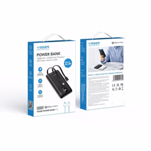 Ulkoinen akku Veger C11 (W1170) PD QC3.0 2A 22,5W 10000 mAh sisäänrakennetuilla USB C -kaapeleilla / Lightning musta