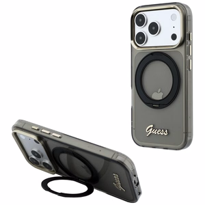 Guess IML Ring Stand 360 Script Metal Logo MagSafe suojakuori mallille iPhone 17 Pro / 18 Pro – musta