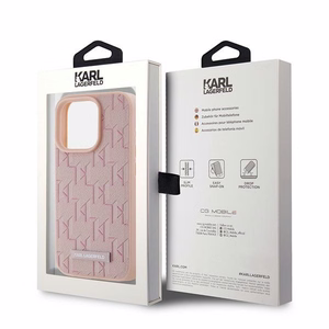 Karl Lagerfeld Nahkainen Monogram Metal Logo Suojakuori iPhone 15 Pro Maxille - vaaleanpunainen