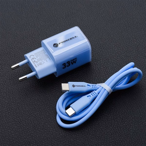 Puhelinlaturi Forcell F-Energy GaN III Crystal Color USB C + USB A QC4.0 PD 33W + silikoninen kaapeli USB C - USB C VT-41 sininen