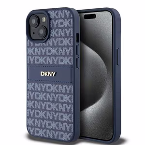 DKNY Nahkainen Mono Raita ja Metallinen Logo Suojakuori iPhone 15 / 14 / 13:lle - sininen