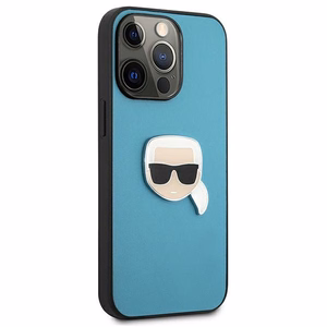 Karl Lagerfeld KLHCP13XPKMB iPhone 13 Pro Max 6,7" sininen kova kotelo Leather Ikonik Karl`s Head Metal