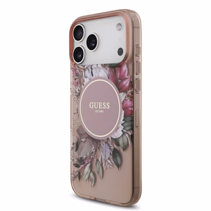 Guess IML Flowers Pearl Strap MagSafe -suojakuori iPhone 17 Pro Max - pinkki