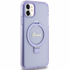 Guess Ring Stand Script Glitter MagSafe suojakuori iPhone 11 / Xr:lle - violetti