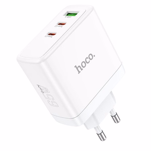 Laturi Hoco 2 x USB-C + USB-A GaN QC PD 65W N30 valkoinen