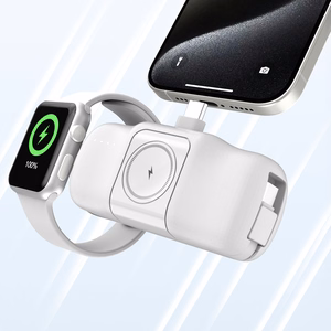 Wozinsky WF16-YCS 5000mAh 15W USB-C Mini Power Bank, jossa on sisäänrakennettu USB-C-kaapeli ja Apple Watch -laturi - Valkoinen