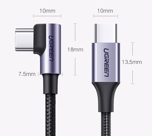 Ugreen US255 50125 USB-C (suora) / USB-C (kulma) PD QC -kaapeli 60W 3A 2m - harmaa