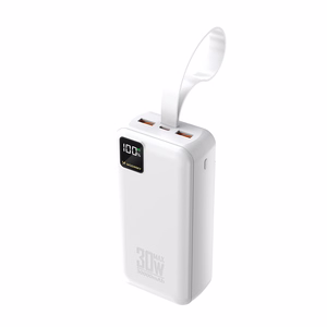 Wozinsky W8-W 30000mAh 30W varavirtalähde, 2x USB-A, USB-C, taskulampulla, valkoinen