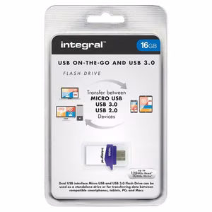 Integral Micro Fusion USB 3.0 OTG flash drive with USB-A and Micro-USB, 16 GB, white