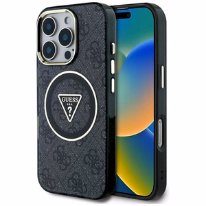 GUESS Suojakuori iPhone 16 Pro:lle MagSafe-yhteensopiva GUHMP16LHG4PRTGK (IML Metal Glitter 4G Circle Triangle) Musta