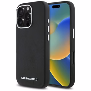 Karl Lagerfeld Saffiano Full Wrapped Elongated Metal Logo MagSafe Suojakuori iPhone 16 Pro Maxille - musta