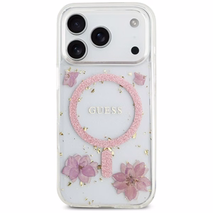 Guess Resin Flowers Glitter MagSafe -kuori iPhone 17 Pro pinkki