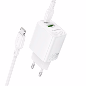 Borofone Wall charger BN27 Fuente - USB + Type C - QC 3.0 PD 20W with Type C to Type C cable white