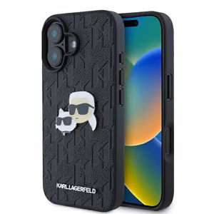 Karl Lagerfeld Suojakuori iPhone 16 6.1 KLHCP16SPGKLKCPK Musta Kova Monogram Karl ja Choupette Head Pin