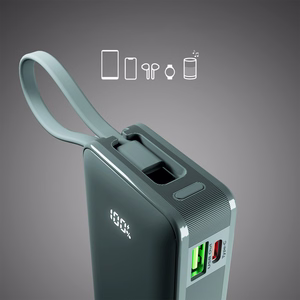 Powerbank SBS 10000 mAh 20W sisäänrakennetulla USB-C-kaapelilla ja digitaalisella näytöllä - harmaa