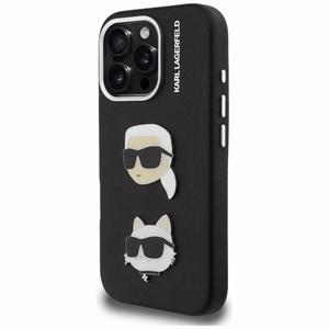 Karl Lagerfeld FW Grained Karl & Choupette Heads Pins -suojakuori mallille iPhone 16 Pro Max – musta