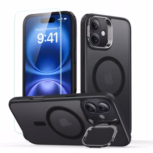 ESR Classic Hybrid Kickstand Halolock MagSafe Suojakuori setti + Karkaistu lasi iPhone 16:lle - musta