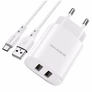 Borofone Seinälaturi BN2 Super - 2xUSB - 2,1A USB-C-kaapelilla valkoinen