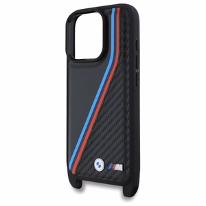 BMW M Edition Carbon Tricolor Lines & hihna suojakuori iPhone 16 Pro:lle - musta