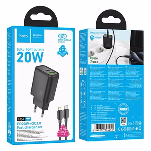 Puhelinlaturi Hoco USB-A + USB-C QC3.0 PD 3A 20W + USB-C - Lightning -kaapeli N61 musta