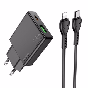 Puhelinlaturi Hoco Slim USB-A + USB-C QC3.0 PD 3A 20W + USB-C - Lightning -kaapeli N38 musta