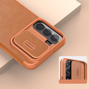 Nillkin Qin Nahka Pro Case Kotelo Samsung Galaxy S22+ (S22 Plus) Kamera Protector Holster Cover Flip Case Ruskea