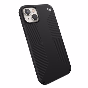 Speck Presidio2 Grip MagSafe suojakuori iPhone 14 Plus -laitteelle, pitävällä liukuestepinnalla, Black / Black / White -väriyhdistelmä