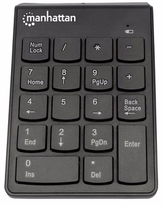 Manhattan langaton numeronäppäimistö (2.4GHz), USB-A mikrovastaanotoin, 18 täysikokoista näppäintä, musta, kalvonäppäimet, automaattinen virranhallinta, kantama 10m, AAA-paristo (mukana), Windows ja Mac, kolmen vuoden takuu