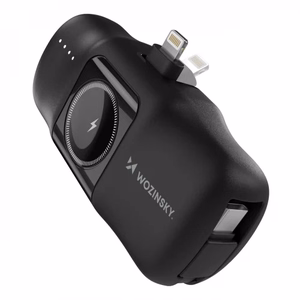Wozinsky WF16-YLS 5000mAh 15W Lightning Mini Power Bank, jossa on sisäänrakennettu USB-C-kaapeli ja Apple Watch -laturi - musta