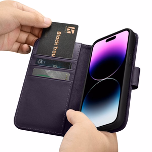 iCarer lompakko asia 2in1 kansi iPhone 14 Pro Anti-RFID nahka Flip Case tumman violetti (WMI14220726-DP)