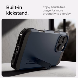 Spigen Tough Armor MagSafe Suojakuori jalustalla iPhone 16 Pro Max:lle - tummanharmaa