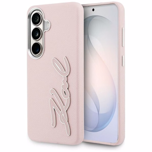 Karl Lagerfeld Grained Signature Metal Resin Logo -suojakuori Samsung Galaxy S26:lle - vaaleanpunainen