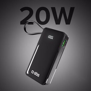 Powerbank SBS 10000 mAh 20W sisäänrakennetulla USB-C-kaapelilla ja digitaalisella näytöllä - musta