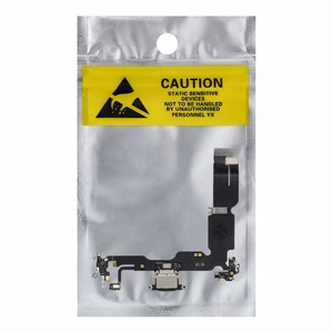 Original charging-port flex cable removed from a donor device for iPhone 15 Plus – black