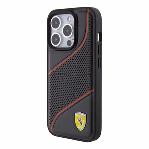 Ferrari Perforated Waves Metal Logo -suojakuori iPhone 15 Prolle - musta