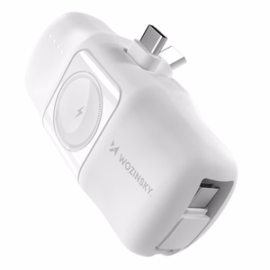 Wozinsky WF16-YCS 5000mAh 15W USB-C Mini Power Bank, jossa on sisäänrakennettu USB-C-kaapeli ja Apple Watch -laturi - Valkoinen