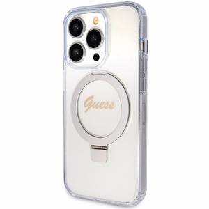 GUESS Suojakuori IPHONE 15 Prolle MagSafe-yhteensopiva GUHMP15LHRSGSD (Glitter Script Logo Ring stand) läpinäkyvä
